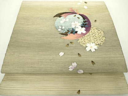 平和屋着物●八寸名古屋帯 紬地 舞桜 雪輪花文 金糸 正絹 逸品 DAAY1627ps