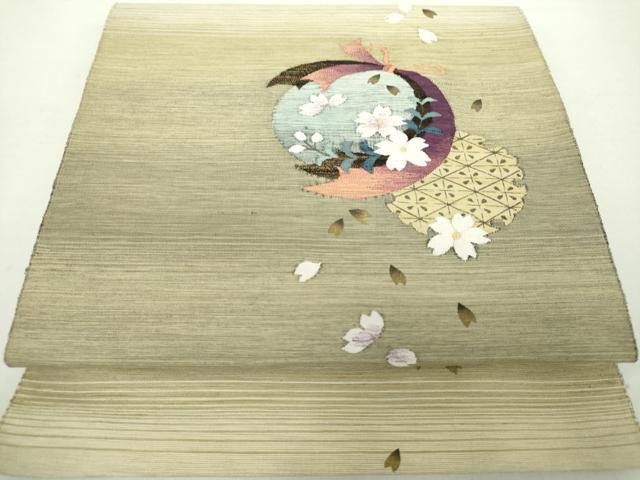 平和屋着物●八寸名古屋帯 紬地 舞桜 雪輪花文 金糸 正絹 逸品 DAAY1627ps