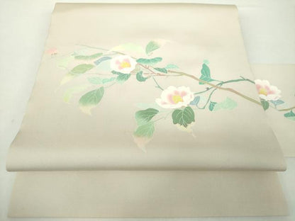 平和屋着物●塩瀬 九寸名古屋帯 友禅 作家物 枝花文 正絹 逸品 未使用 DAAY1657ps