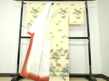 平和屋着物●訪問着　お召縮緬　型染　飛鶴風景花文　金彩　正絹　逸品　DAAY1696ps