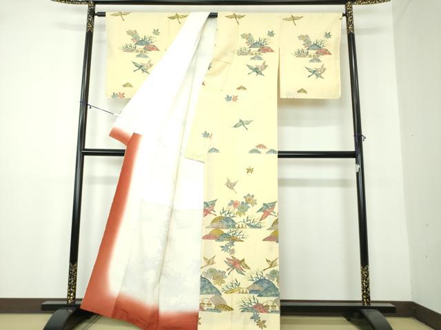 平和屋着物●訪問着　お召縮緬　型染　飛鶴風景花文　金彩　正絹　逸品　DAAY1696ps