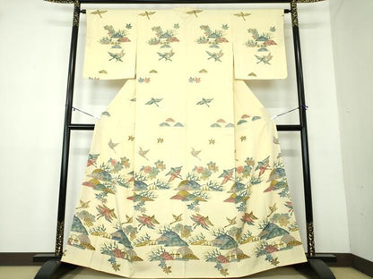 平和屋着物●訪問着　お召縮緬　型染　飛鶴風景花文　金彩　正絹　逸品　DAAY1696ps