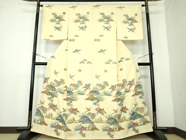 平和屋着物●訪問着　お召縮緬　型染　飛鶴風景花文　金彩　正絹　逸品　DAAY1696ps