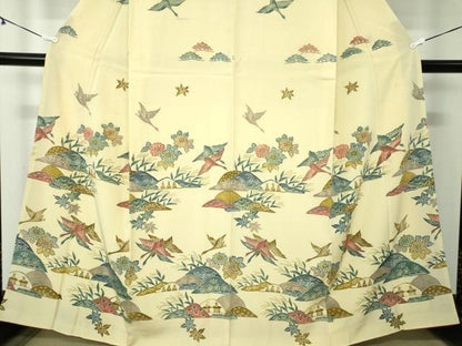平和屋着物●訪問着　お召縮緬　型染　飛鶴風景花文　金彩　正絹　逸品　DAAY1696ps