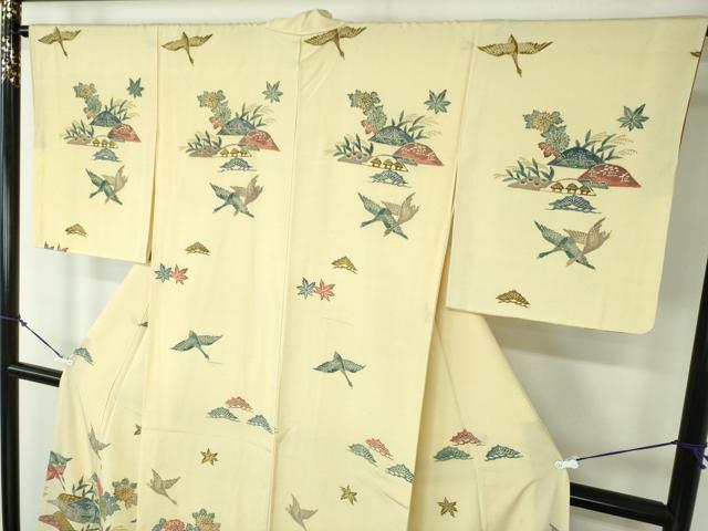 平和屋着物●訪問着　お召縮緬　型染　飛鶴風景花文　金彩　正絹　逸品　DAAY1696ps