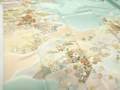 平和屋着物●創業460年・千總 訪問着 駒刺繍 御所車風景花文 暈し染め 金彩 正絹 逸品 DAAY1813ps