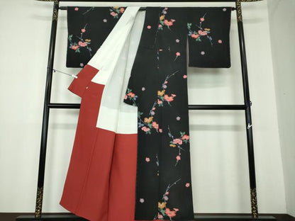 平和屋着物●上質な小紋 型染 枝花文 黒地 鬼しぼ縮緬 西武百貨店扱い 正絹 逸品 未使用 DAAY1834ps