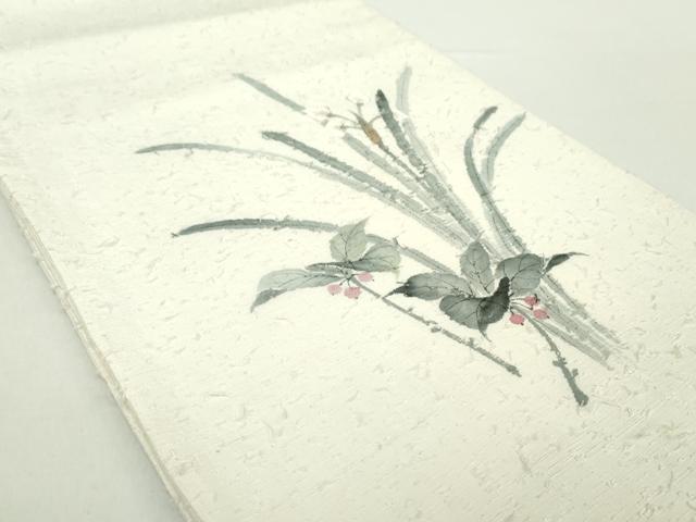 平和屋着物●太鼓柄袋帯 作家物 髭紬 手描き 南天草花文 正絹 逸品 DAAY1871ps