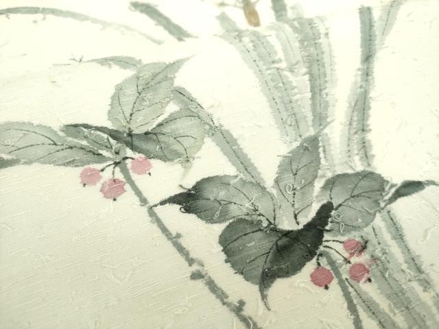 平和屋着物●太鼓柄袋帯 作家物 髭紬 手描き 南天草花文 正絹 逸品 DAAY1871ps