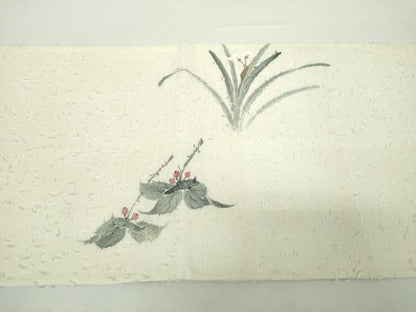 平和屋着物●太鼓柄袋帯 作家物 髭紬 手描き 南天草花文 正絹 逸品 DAAY1871ps