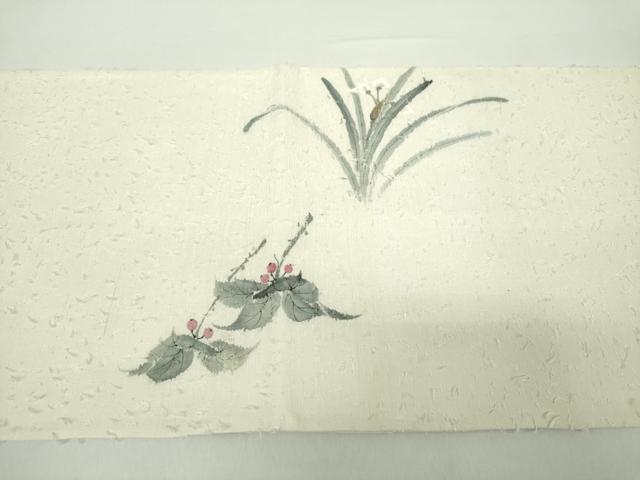 平和屋着物●太鼓柄袋帯 作家物 髭紬 手描き 南天草花文 正絹 逸品 DAAY1871ps
