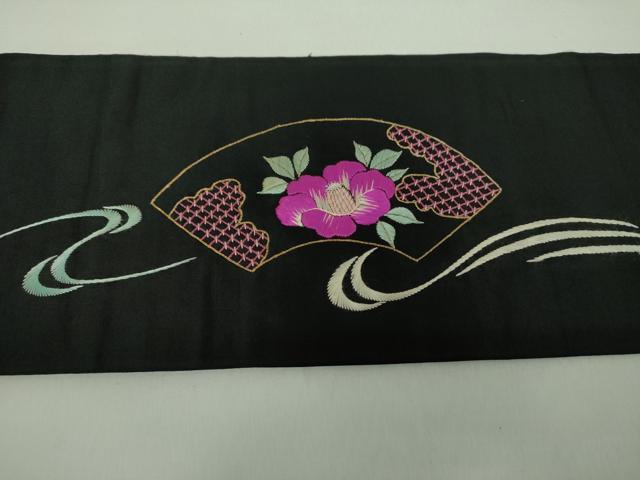 平和屋着物●アンティーク 大正ロマン 九寸名古屋帯 駒刺繍 総刺繍 地紙流水花文 黒地 金糸 正絹 逸品 DAAY1928ps