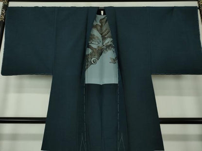 平和屋着物●男性 紬 アンサンブル 長羽織 濃紺地 正絹 逸品 未使用 DAAY1956ps