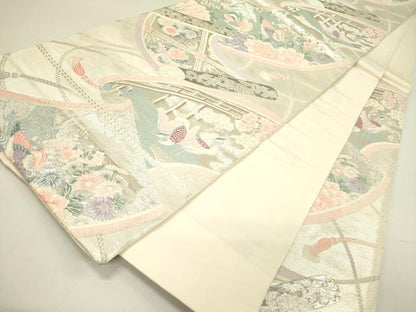 平和屋着物◎六通柄袋帯　唐織　九百錦　鴛鴦絵巻花文　プラチナ箔　正絹　逸品　DAAY2361op