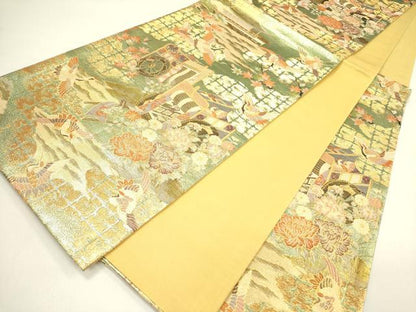 平和屋着物◎六通柄袋帯　御所車飛鶴花文　金糸　正絹　逸品　DAAY2405op