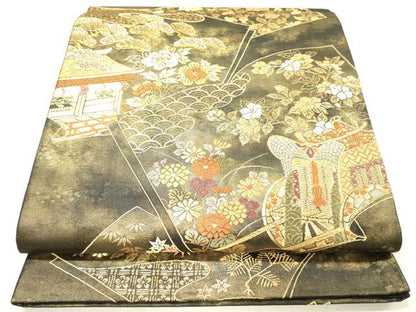 平和屋着物◎六通柄袋帯　唐織　御所車冊子花文　黒地　金糸　正絹　逸品　DAAY2438op