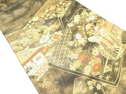 平和屋着物◎六通柄袋帯　唐織　御所車冊子花文　黒地　金糸　正絹　逸品　DAAY2438op