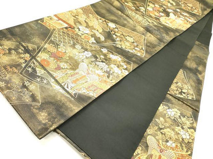 平和屋着物◎六通柄袋帯　唐織　御所車冊子花文　黒地　金糸　正絹　逸品　DAAY2438op