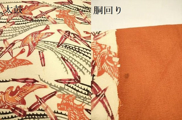 平和屋着物●九寸名古屋帯 型染 飛鳥文 鬼しぼ縮緬 正絹 逸品 DAAY2672op