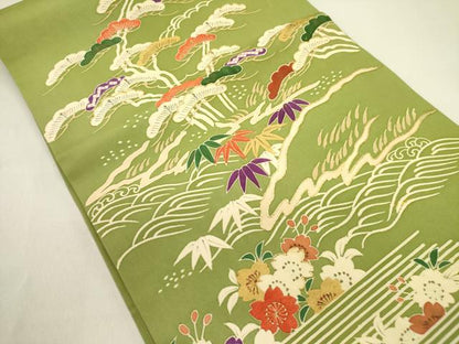 平和屋着物●塩瀬 九寸名古屋帯 駒刺繍 流水花松文 金彩 正絹 逸品 DAAY2680op