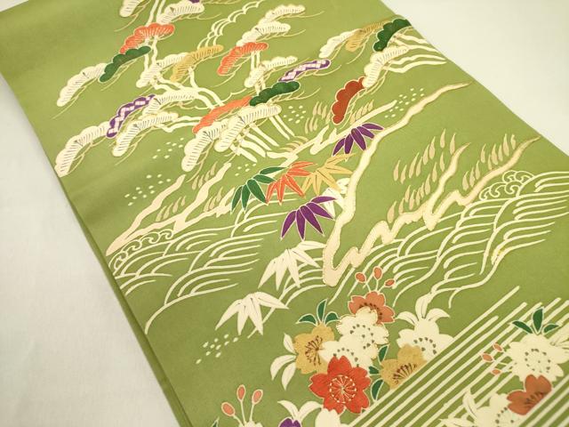 平和屋着物●塩瀬 九寸名古屋帯 駒刺繍 流水花松文 金彩 正絹 逸品 DAAY2680op