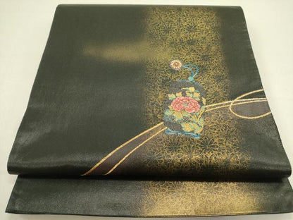 平和屋着物●太鼓柄袋帯　芳薫　黒地　金糸　引箔　正絹　逸品　DAAY2707op