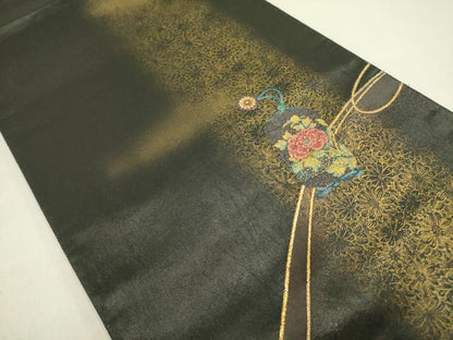 平和屋着物●太鼓柄袋帯　芳薫　黒地　金糸　引箔　正絹　逸品　DAAY2707op