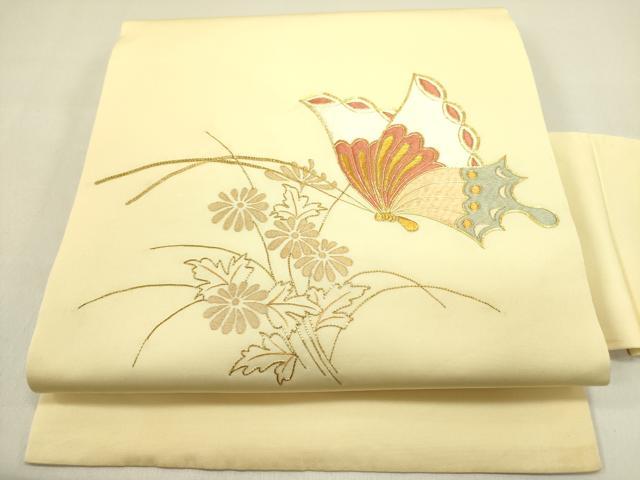 平和屋着物●塩瀬 九寸名古屋帯 駒刺繍 総刺繍 舞蝶花文 金糸 正絹 逸品 DAAY2713op