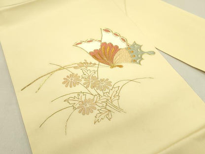平和屋着物●塩瀬 九寸名古屋帯 駒刺繍 総刺繍 舞蝶花文 金糸 正絹 逸品 DAAY2713op