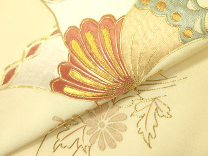 平和屋着物●塩瀬 九寸名古屋帯 駒刺繍 総刺繍 舞蝶花文 金糸 正絹 逸品 DAAY2713op