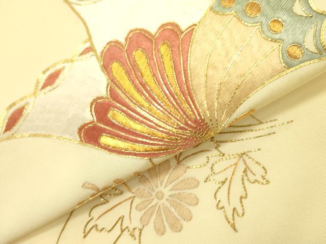 平和屋着物●塩瀬 九寸名古屋帯 駒刺繍 総刺繍 舞蝶花文 金糸 正絹 逸品 DAAY2713op