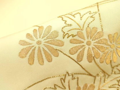 平和屋着物●塩瀬 九寸名古屋帯 駒刺繍 総刺繍 舞蝶花文 金糸 正絹 逸品 DAAY2713op