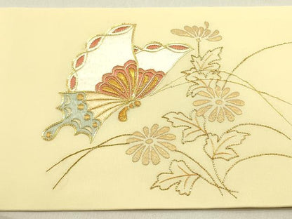 平和屋着物●塩瀬 九寸名古屋帯 駒刺繍 総刺繍 舞蝶花文 金糸 正絹 逸品 DAAY2713op
