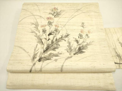 平和屋着物＊夏物 九寸名古屋帯 手描き 草花 麻 逸品 DAAY2964op