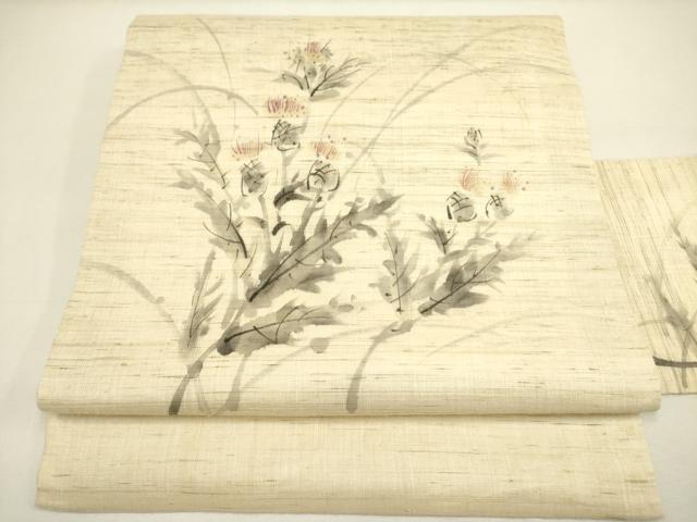 平和屋着物＊夏物 九寸名古屋帯 手描き 草花 麻 逸品 DAAY2964op