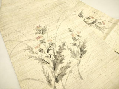 平和屋着物＊夏物 九寸名古屋帯 手描き 草花 麻 逸品 DAAY2964op