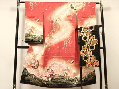 平和屋着物∵女の子　十三参り　子供　祝着・袋帯セット　飛鶴花文　暈し染め　金彩　逸品　DAAY3003ma