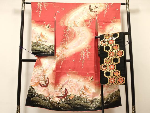平和屋着物∵女の子　十三参り　子供　祝着・袋帯セット　飛鶴花文　暈し染め　金彩　逸品　DAAY3003ma