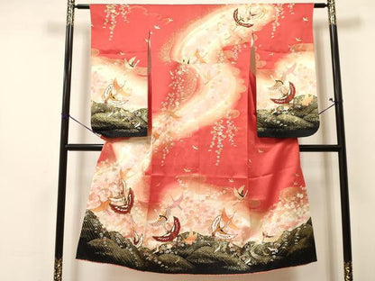平和屋着物∵女の子　十三参り　子供　祝着・袋帯セット　飛鶴花文　暈し染め　金彩　逸品　DAAY3003ma
