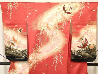 平和屋着物∵女の子　十三参り　子供　祝着・袋帯セット　飛鶴花文　暈し染め　金彩　逸品　DAAY3003ma