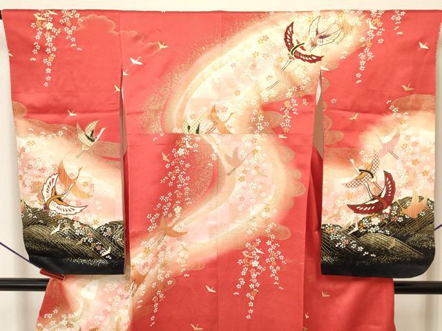 平和屋着物∵女の子　十三参り　子供　祝着・袋帯セット　飛鶴花文　暈し染め　金彩　逸品　DAAY3003ma
