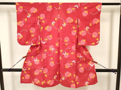 平和屋着物∴夏物 綿紅梅 浴衣 七五三 女の子 ３歳 三つ身 花蝶文 綿 逸品 DAAY3031ma