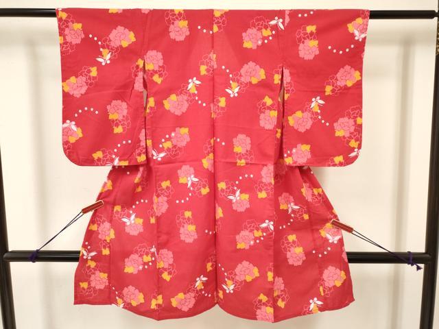 平和屋着物∴夏物 綿紅梅 浴衣 七五三 女の子 ３歳 三つ身 花蝶文 綿 逸品 DAAY3031ma