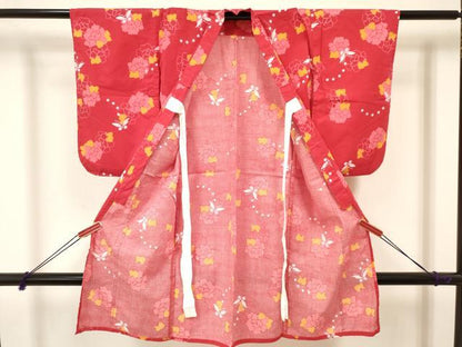 平和屋着物∴夏物 綿紅梅 浴衣 七五三 女の子 ３歳 三つ身 花蝶文 綿 逸品 DAAY3031ma