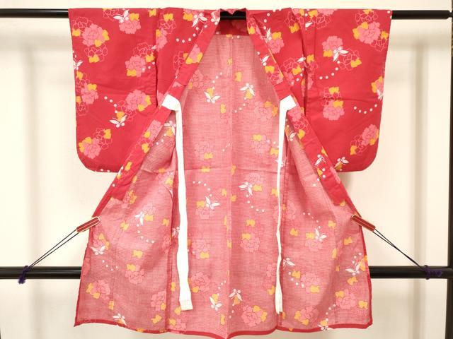 平和屋着物∴夏物 綿紅梅 浴衣 七五三 女の子 ３歳 三つ身 花蝶文 綿 逸品 DAAY3031ma
