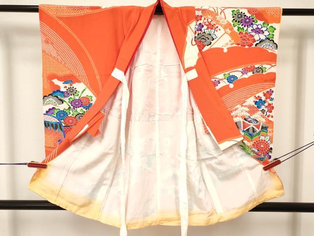平和屋着物[]七五三　女の子　３歳　祝着　三つ身　型染　風景花鳥文　逸品　DAAY3089ma
