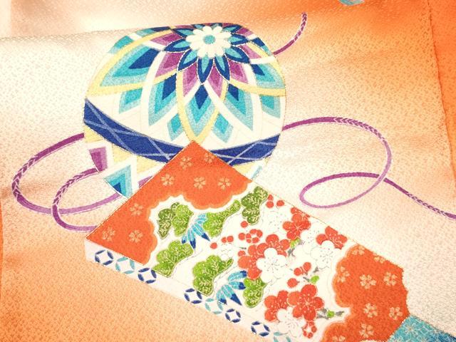 平和屋着物[]七五三　女の子　７歳　祝着　四つ身　羽子板　鞠花文　暈し染め　金彩　逸品　DAAY3093ma