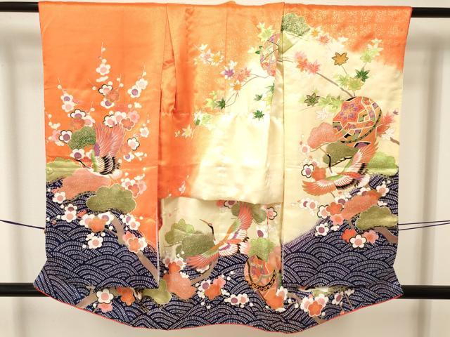 平和屋着物[]七五三　女の子　３歳　祝着　三つ身　飛鶴梅松文　暈し染め　金彩　洗える着物　DAAY3094ma