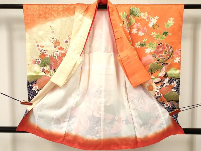 平和屋着物[]七五三　女の子　３歳　祝着　三つ身　飛鶴梅松文　暈し染め　金彩　洗える着物　DAAY3094ma