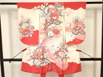 平和屋着物[]七五三　女の子　３歳　祝着　三つ身　花車文　暈し染め　金彩　逸品　DAAY3097ma